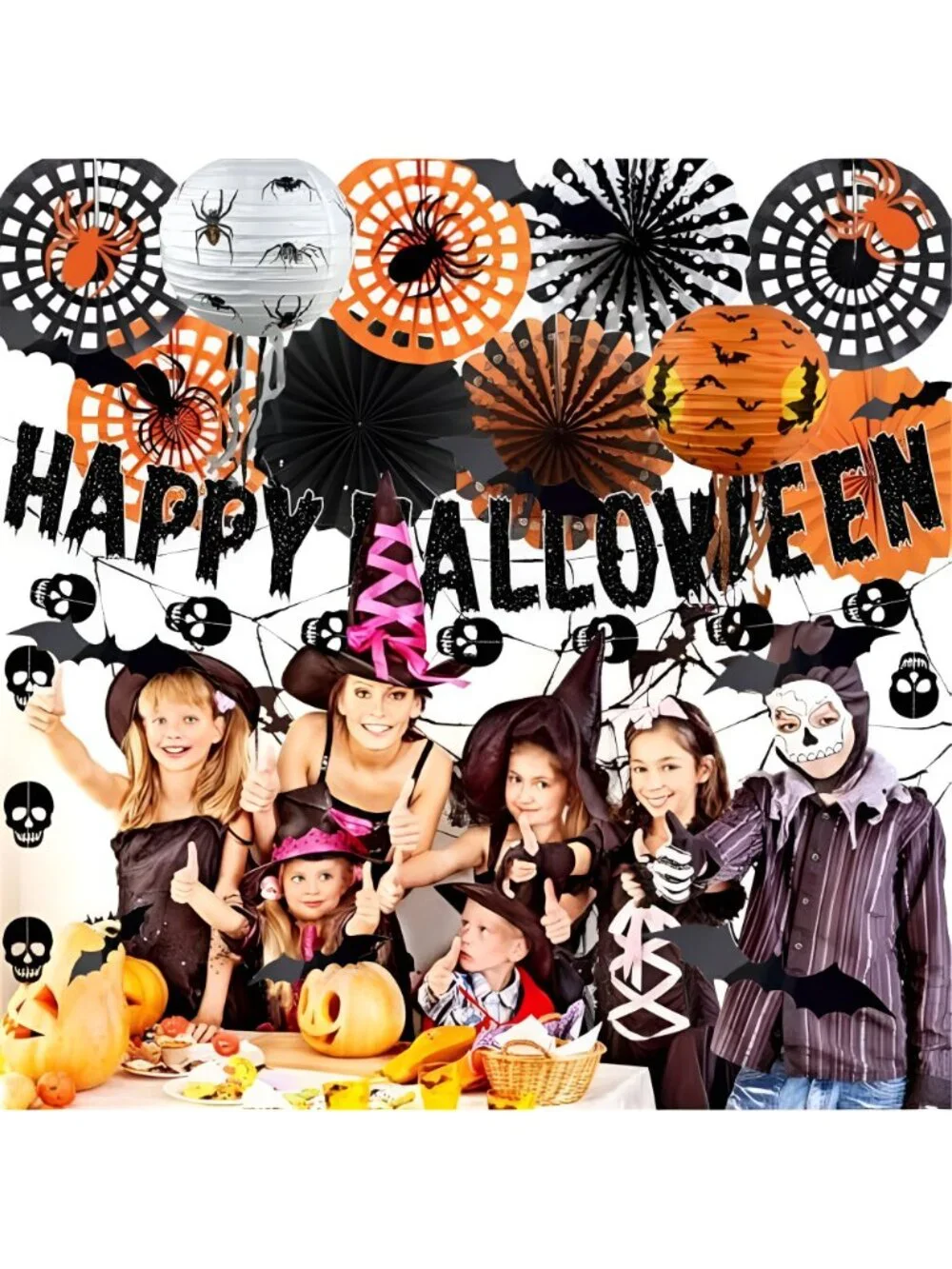 Happy Halloween Banner, Paper Fans, Skull Garland, Lanterns & Bat Stickers